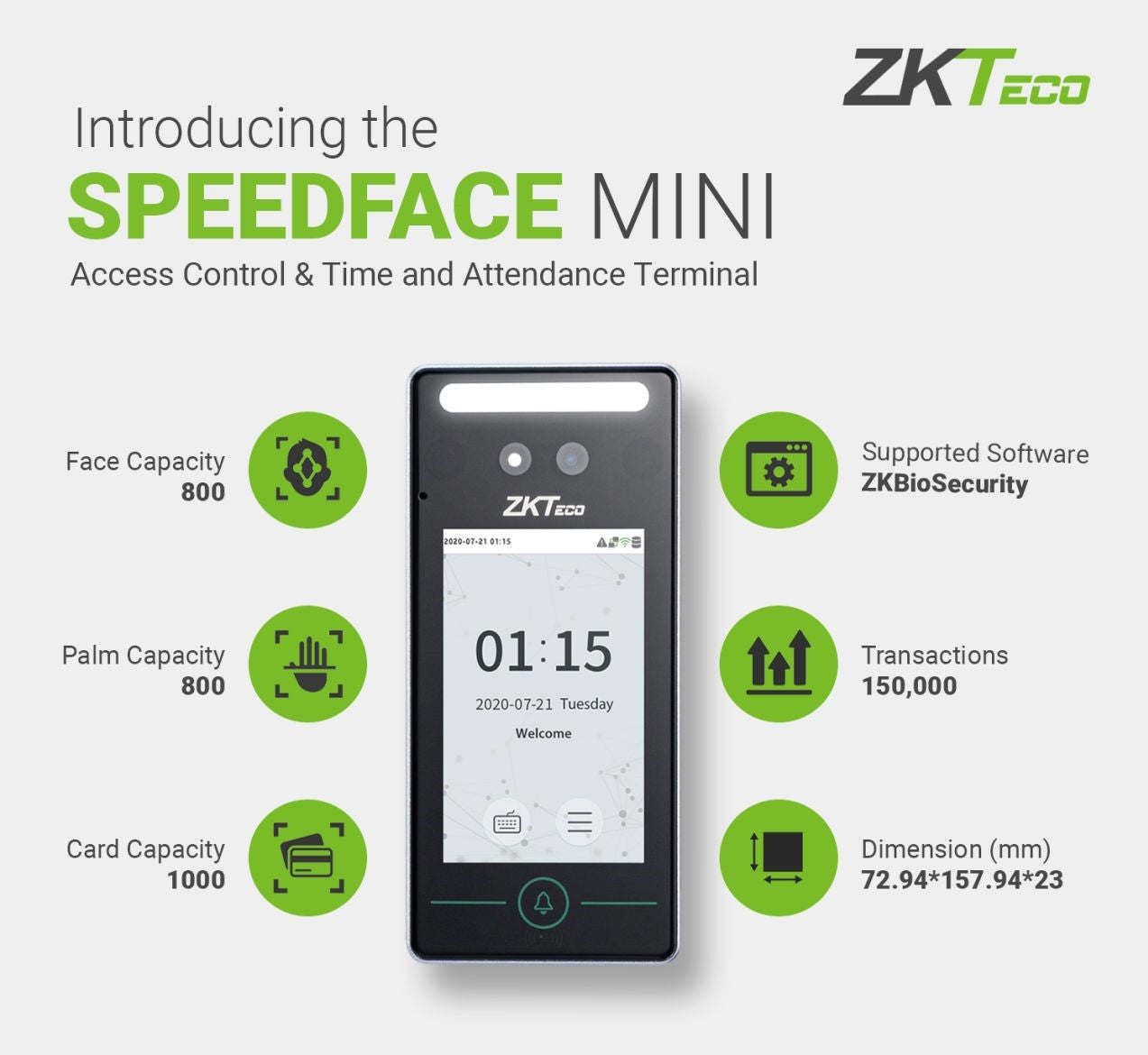 ZKTeco - SpeedFace Mini Facial, Palm & RFID Indoor Stand Alone T&A and Access Control Terminal