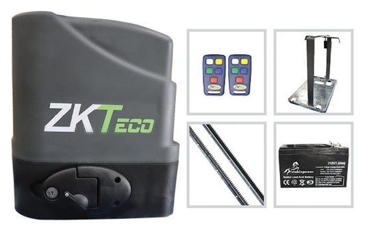 ZK SL500SA Sliding Gate Motor Kit 12V DC 500kg Kit - includes : Operator, Controller, 12V Charger, 2 x 4 TX4, 2 x 2m Nylon Racks, 7.2Ah 12V Battery