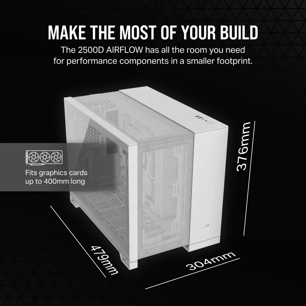 2500D Airflow White Mid-Tower Dual Chamber PC Case; 2x 3.5'' |  2x 2.5'' Drive Bays; Up to 360mm Radiator compatible