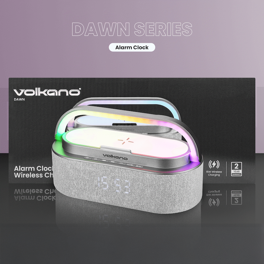 Volkano Dawn Series Alarm Clock with Wireless Charging and Speaker