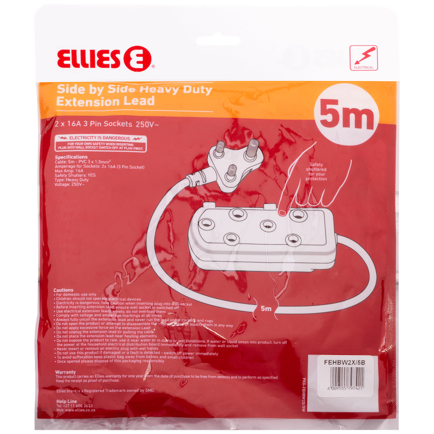 Ellies Side by Side Heavy Duty Extension Lead-5M-BK