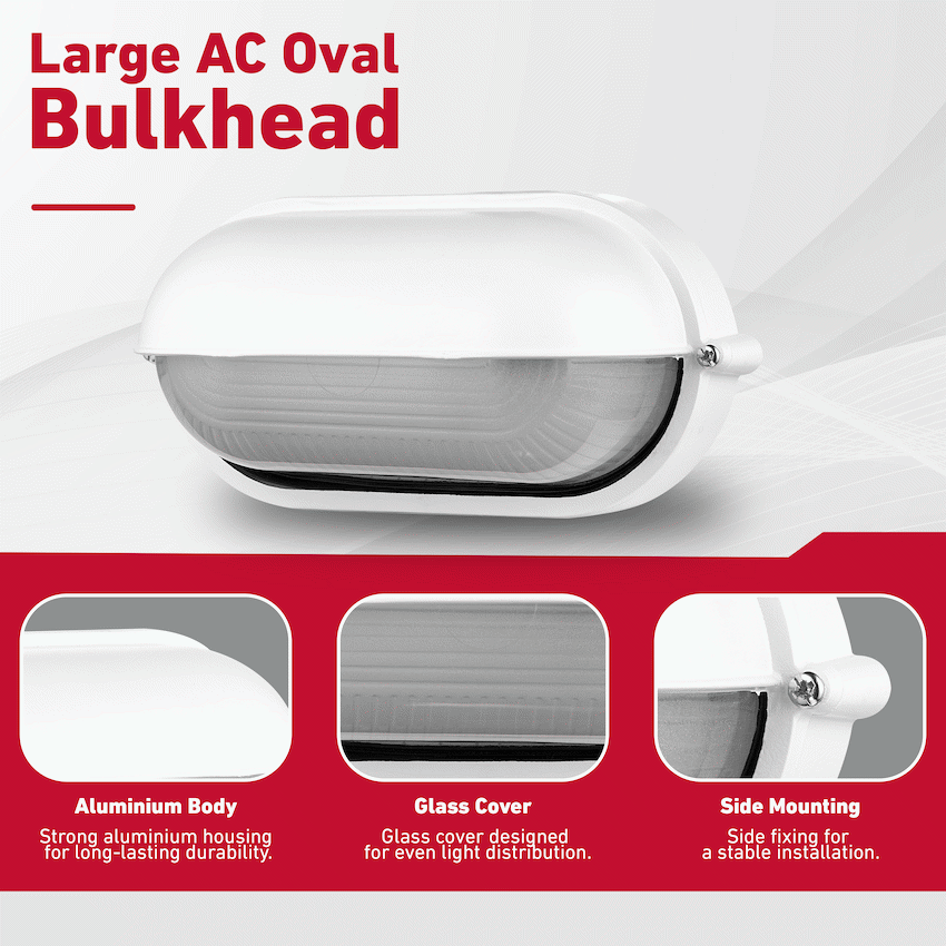Ellies Arc Series - Large AC Oval Bulkhead - Aluminium + Glass - E27 Base -WT