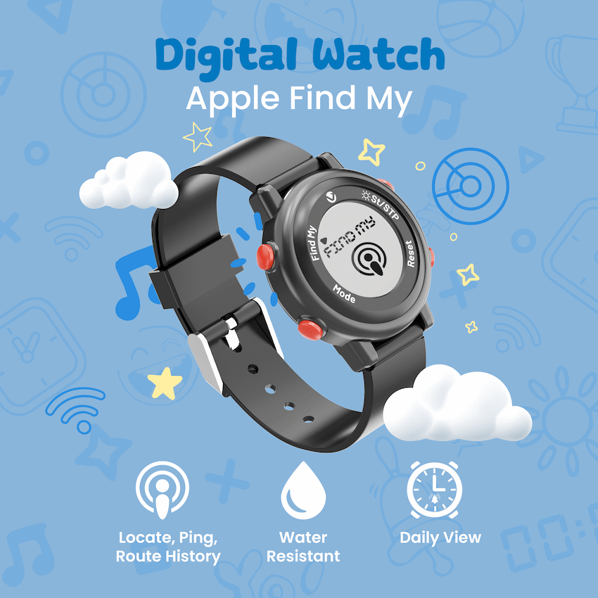 Volkano Kids Digital Watch with Apple Find My - 3ATM Waterproof (Anti-Lost) - Black