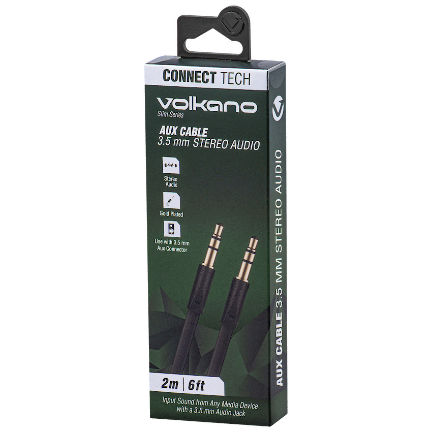 Volkano Slim Series Aux Cable 2m - Black - Guards On Duty Shop & Security Guards