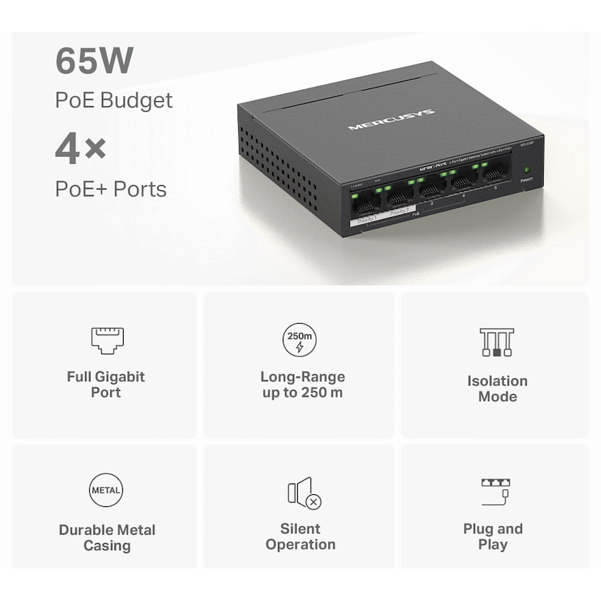 Mercusys TP-Link Mercusys MS105GP 5-Port Gigabit Desktop Switch with 4-Port PoE+