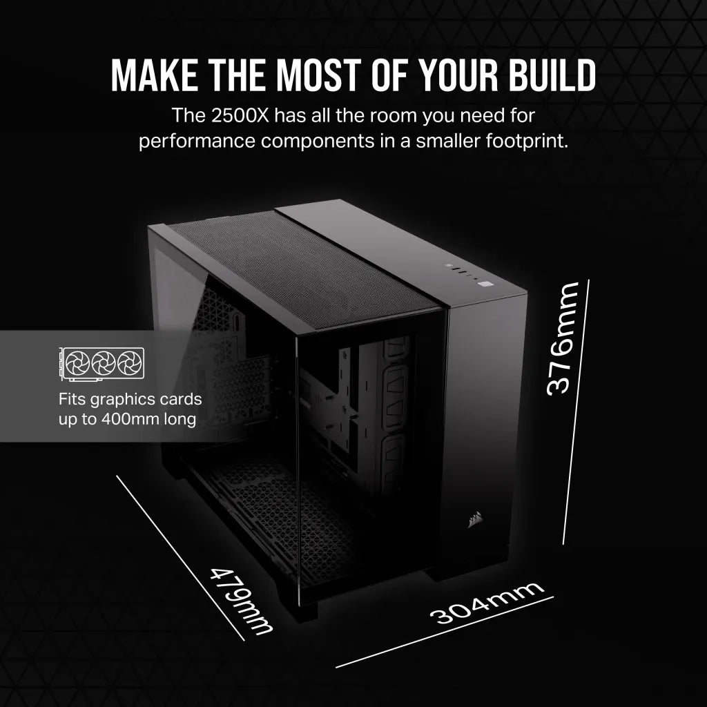 iCUE 2500X Micro ATX Black Dual Chamber PC Case; 2x 2.5'' Drive Bays; 2x 3.5''; Up to 360mm Radiator compatible