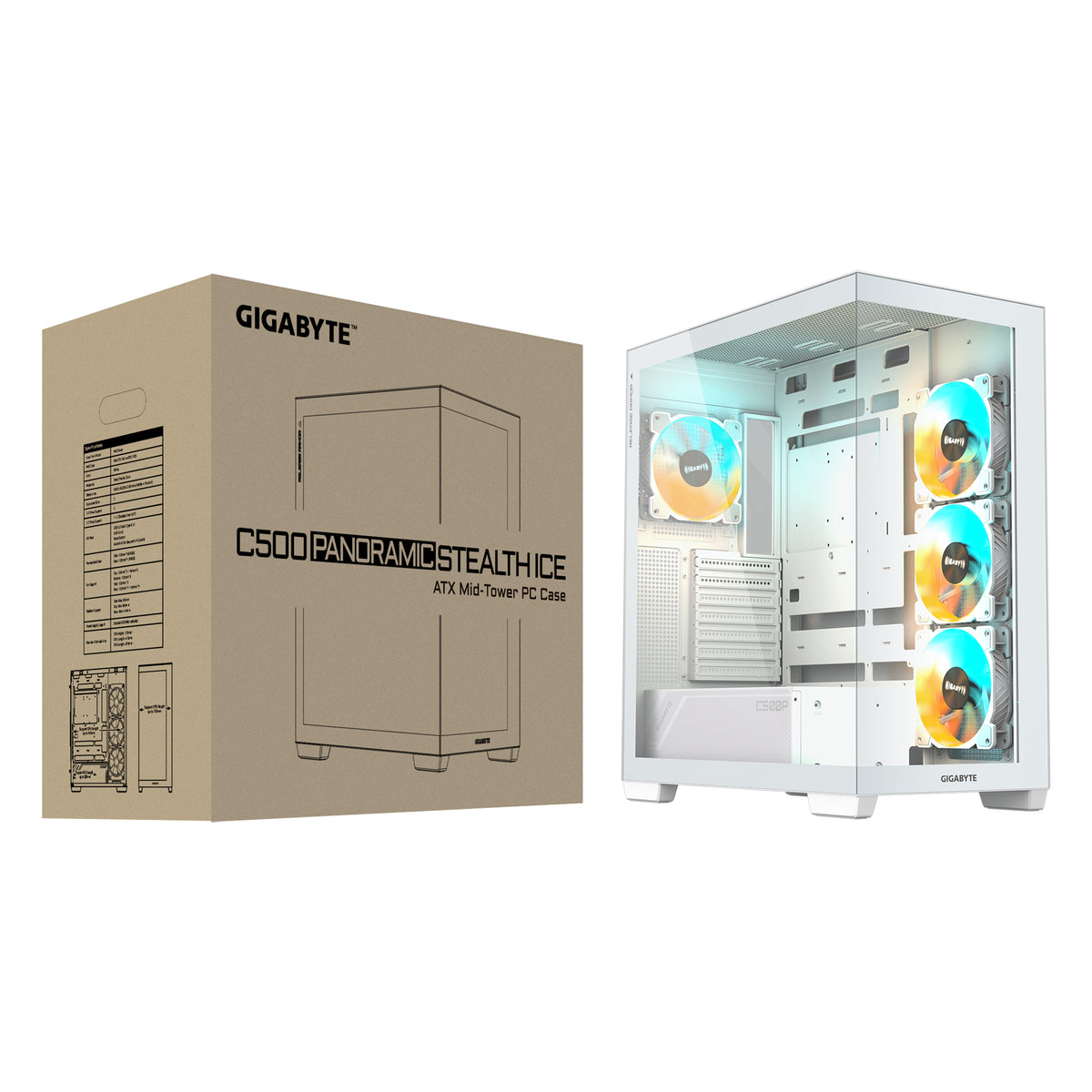 Gigabyte C500 White Panoramic Stealth ATX Chassis; 1x 3.5'' | 2x 2.5'' Drive Bays; 360mm Radiator; 4x 120mm ARGB fan incl;