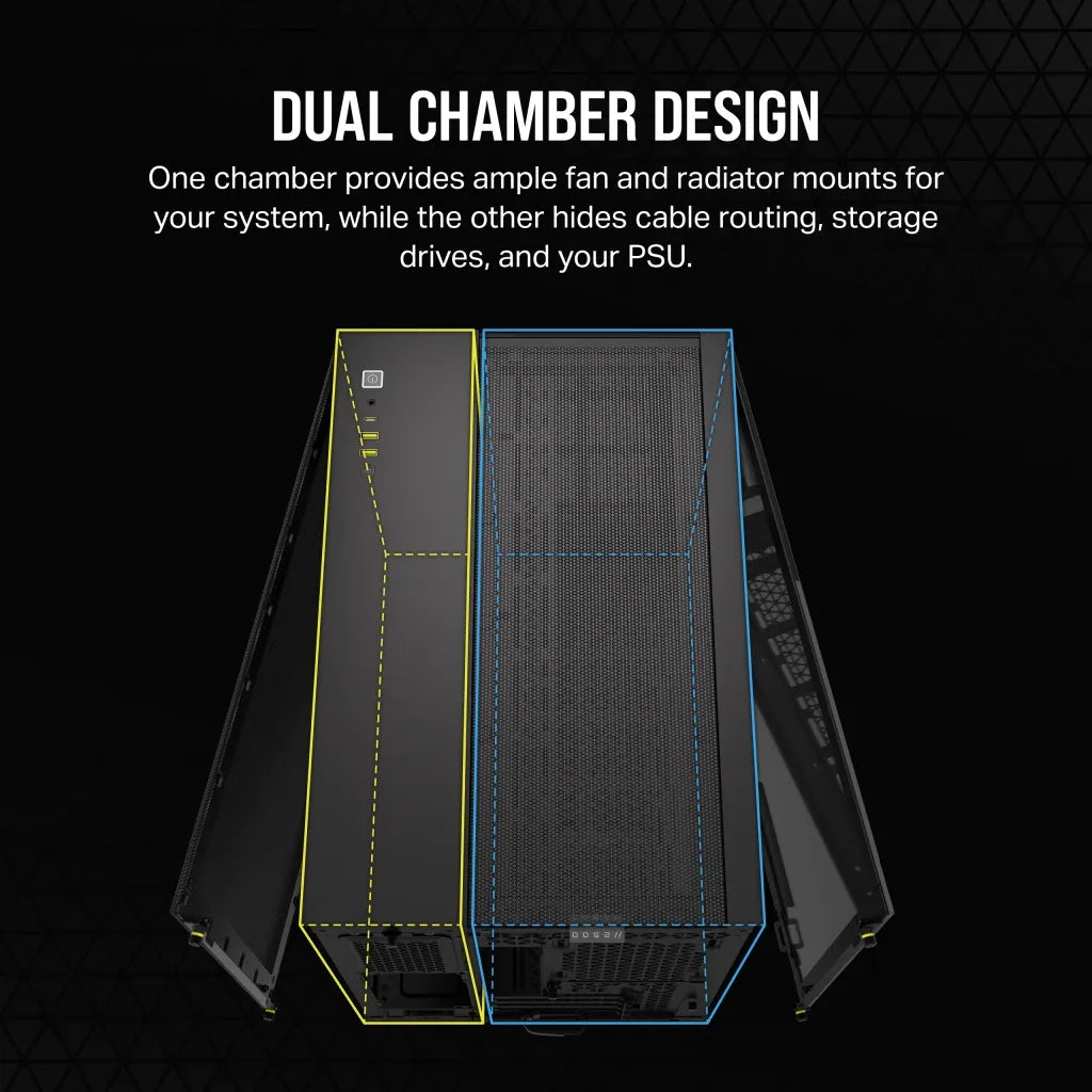 iCUE 2500X Micro ATX Black Dual Chamber PC Case; 2x 2.5'' Drive Bays; 2x 3.5''; Up to 360mm Radiator compatible