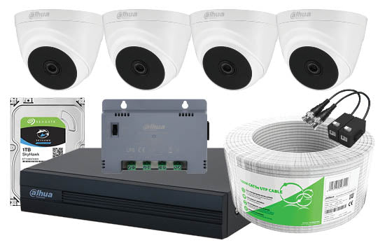 Dahua 4 Ch XVR Kit with 4 x Eyeball Dome Cameras - INCL. 51XVR1B04-I, 4 x Eyeball Dome Cameras, PSU, 100m CAT 5 Cable, Baluns, 1TB HDD, accessories