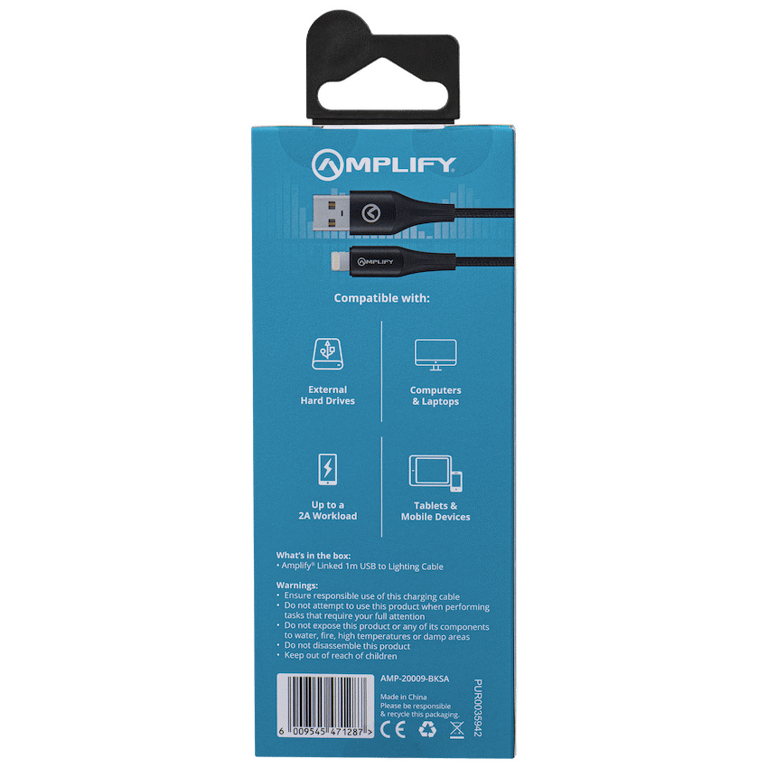 Amplify Linked Series USB to Lightning Braided Cable - Black 1m - Guards On Duty Shop & Security Guards