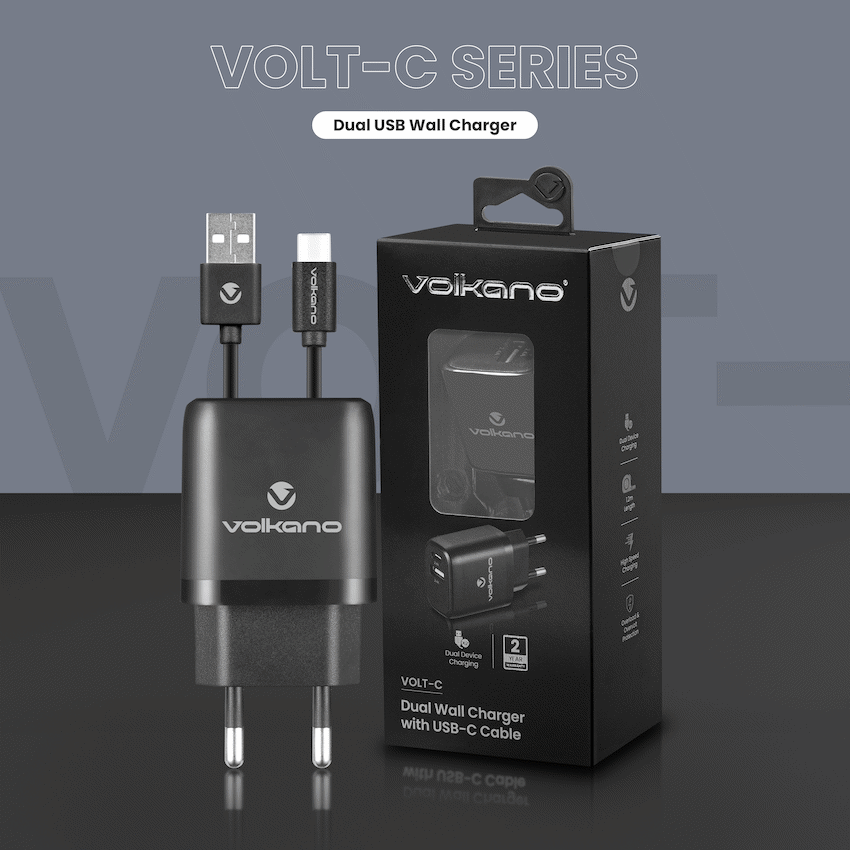 Volkano Volt-C Series Dual USB and USB-C Wall Charger with USB to USB-C Cable Included