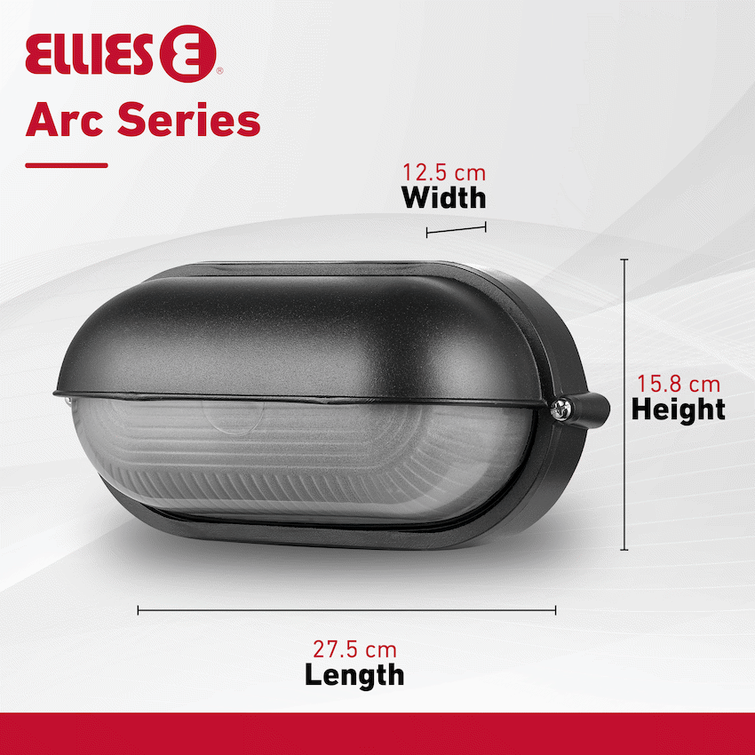 Ellies Arc Series - Large AC Oval Bulkheads - Aluminium + Glass - E27 Base -BK