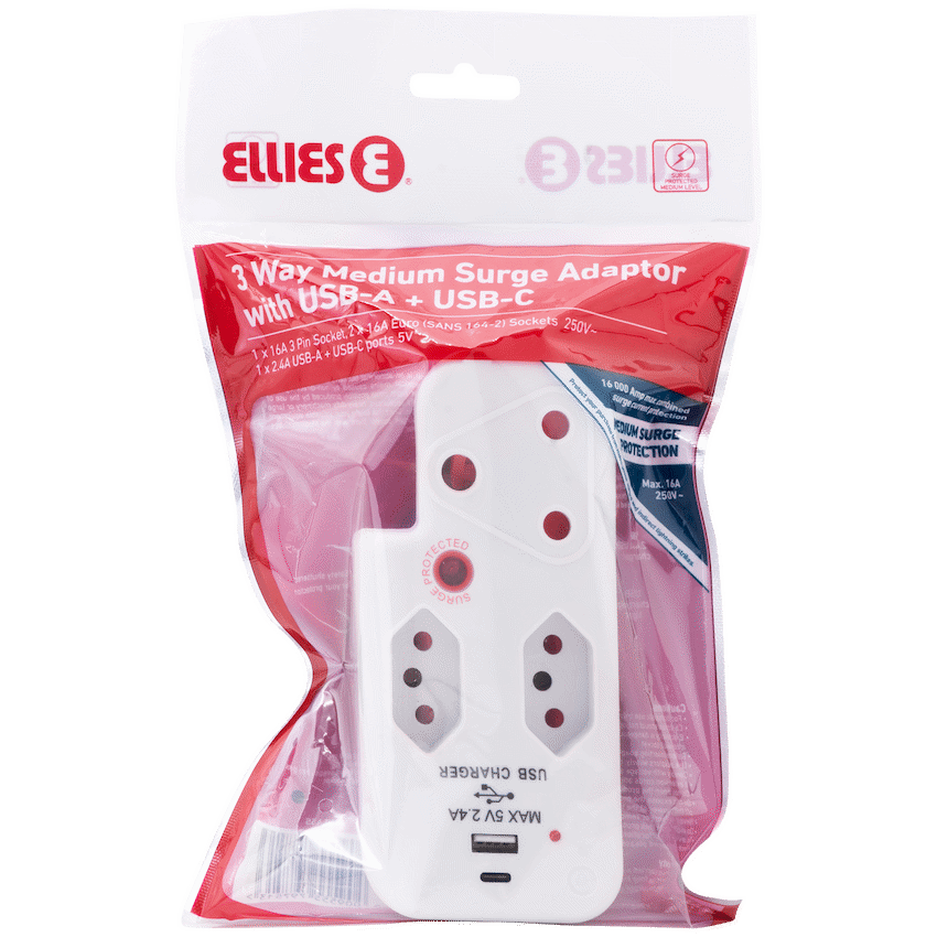 Ellies 3 Way Medium Surge Adaptor with Type C + USB - White