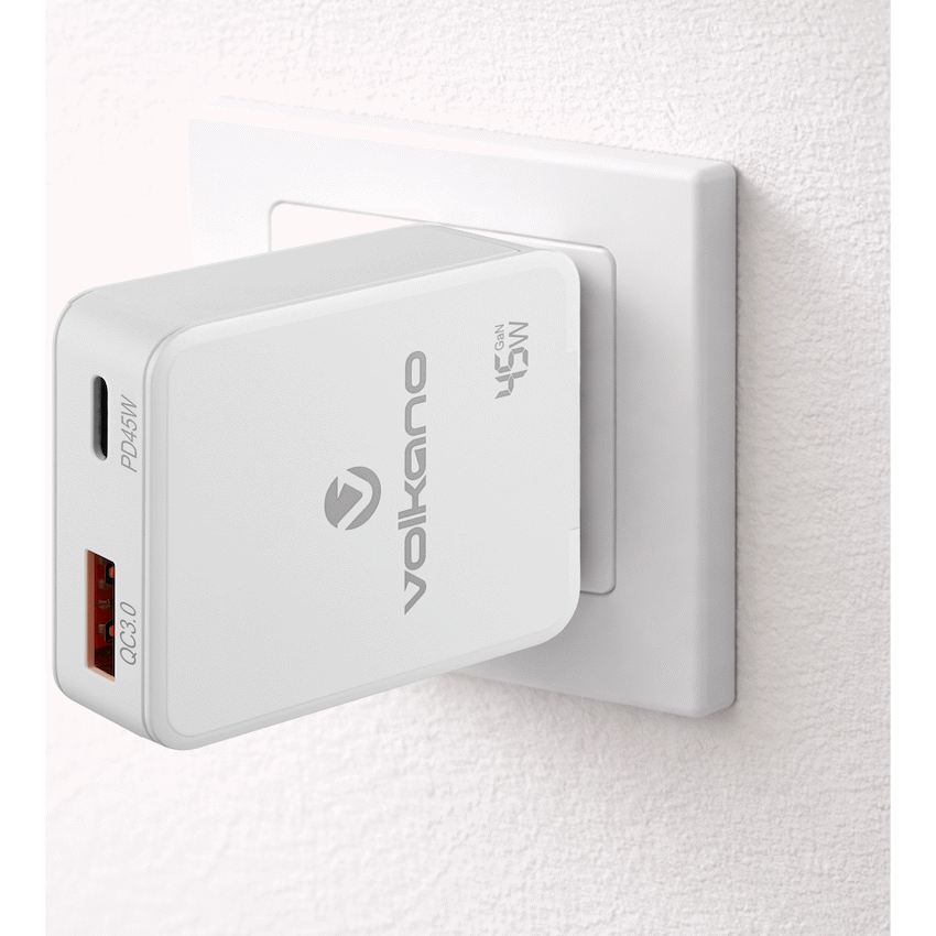 Volkano Potent Plus series 45W GaN Compact Dual USB and USB-C PD Wall Charger