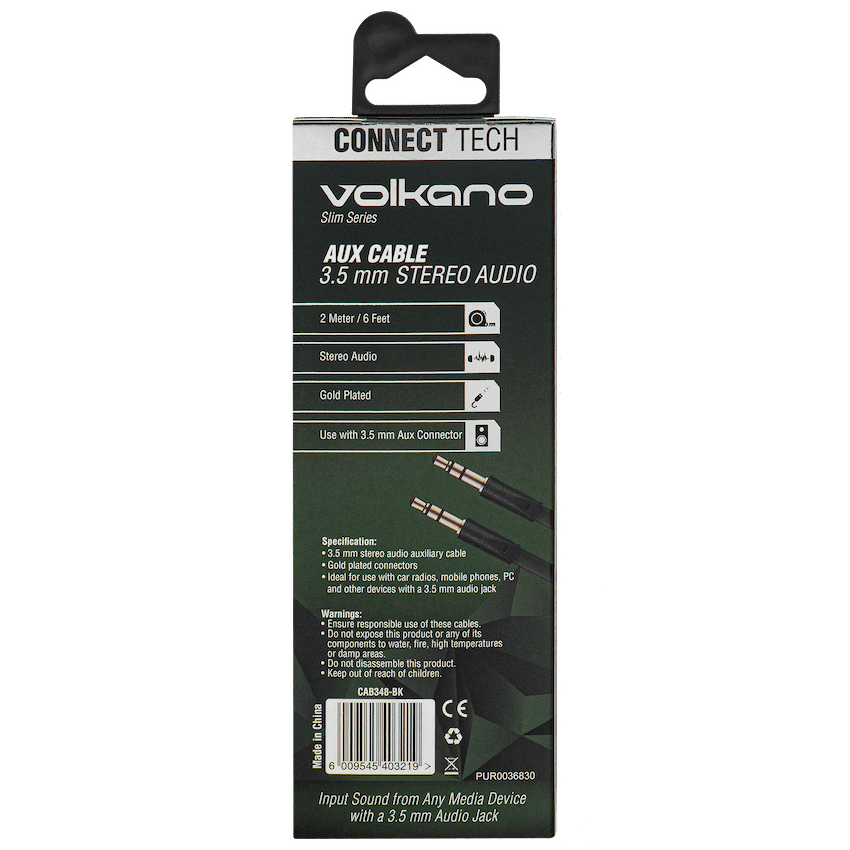 Volkano Slim Series Aux Cable 2m - Black - Guards On Duty Shop & Security Guards