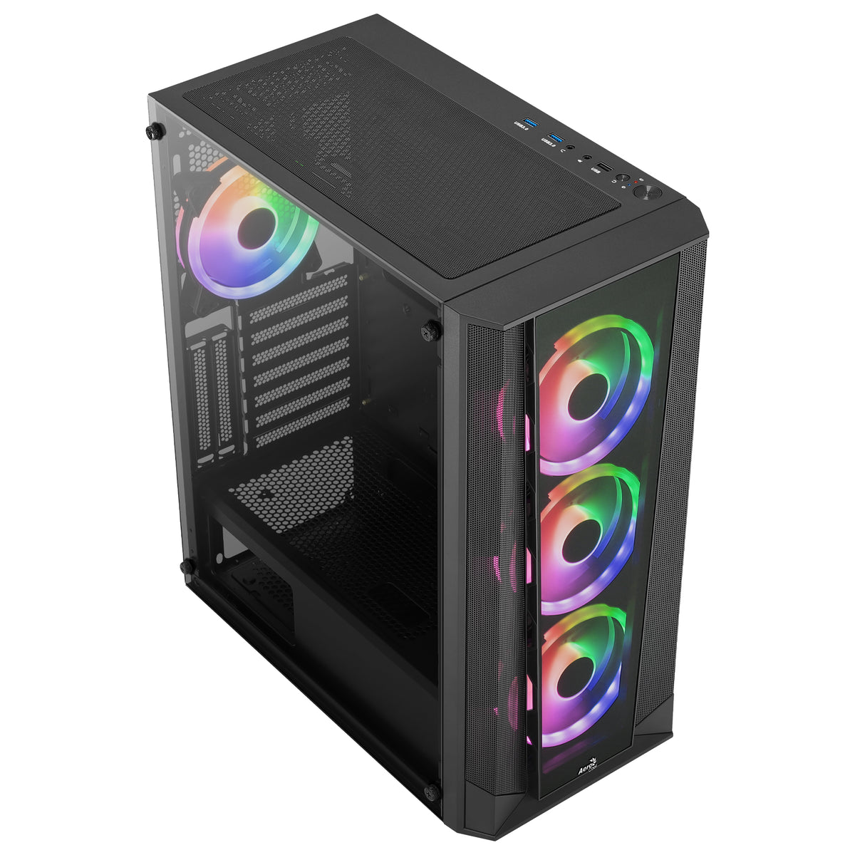 Aerocool Prism ARGB Black Mid tower case - 120mm ARGB Fan x 4; 6-port ARGB control hub - ATX - 2x 2.5'' or 2x3.5'' - 360 Radiato
