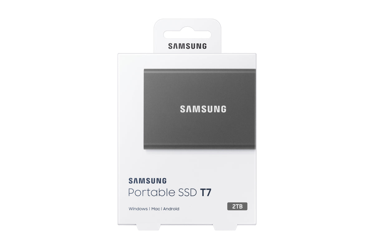 Samsung MU-PC2T0T T7 Portable SSD 2 TB; Transfer speed up to 1050 MB/s; USB 3.2 (Gen2; 10Gbps) backwards compatible; AES 256-bi