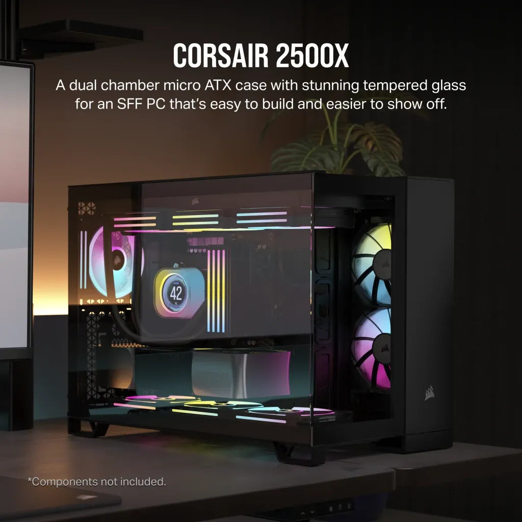 iCUE 2500X Micro ATX Black Dual Chamber PC Case; 2x 2.5'' Drive Bays; 2x 3.5''; Up to 360mm Radiator compatible