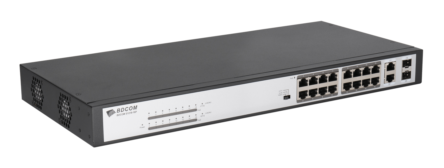BDCOM 16-Port 10/100 POE switch, 16 POE ports, 2 x 1000Mbps Combo ports