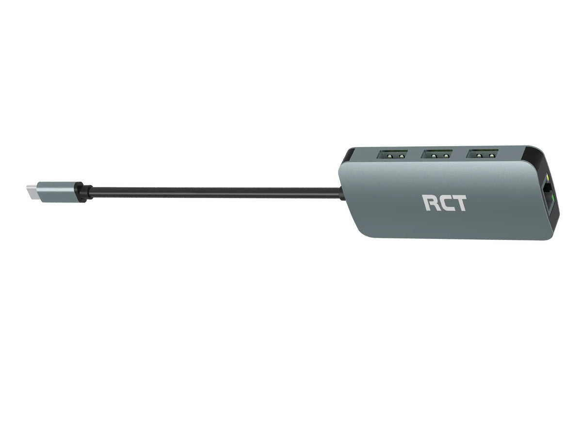 RCT compact 6-in-1 USB type C hub with 1 HDMI; 3 USB 3.0; RJ45 and USB C Power pass-through
