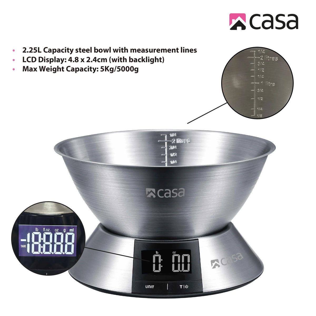 CASA Kitchen Digital Scale - Stainless Steel Base & 2.25L Measuring Bowl