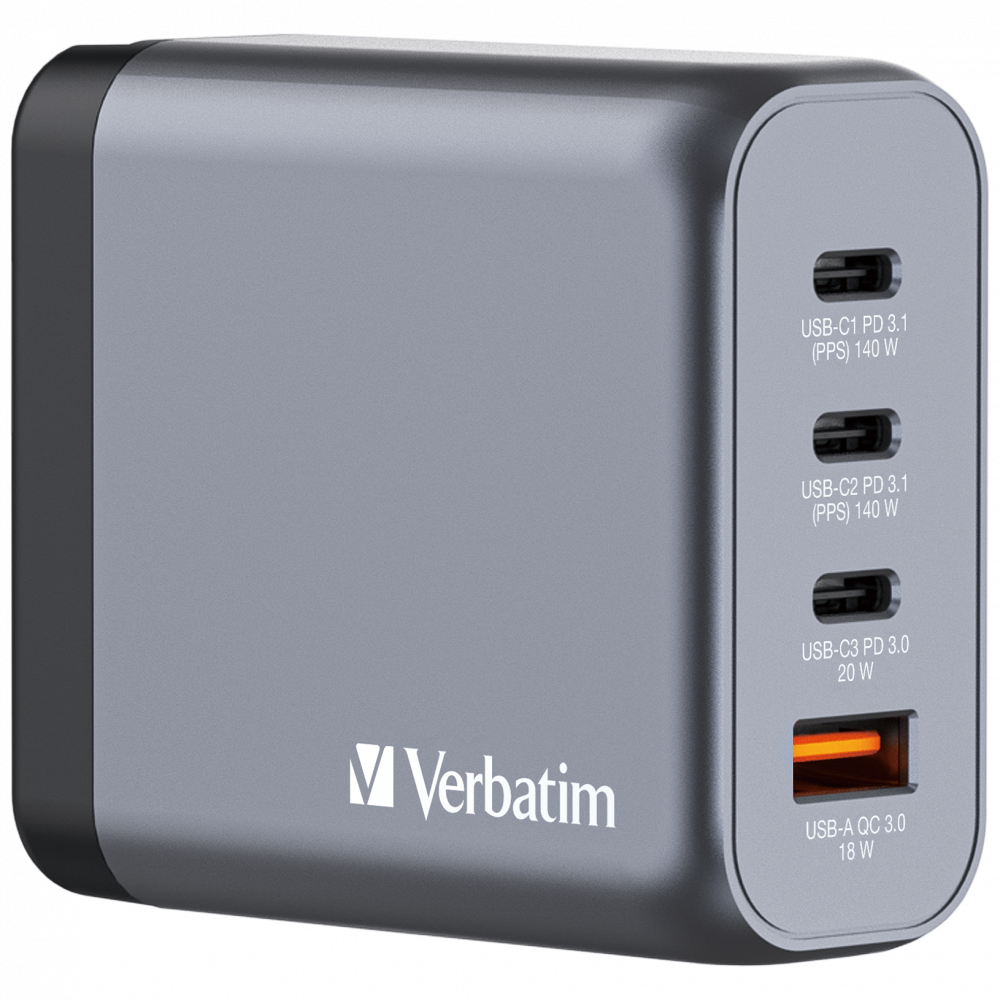 VERBATIM GNC-140 GaN Charger 4 Port 140W USB A/C (EU/UK/US)