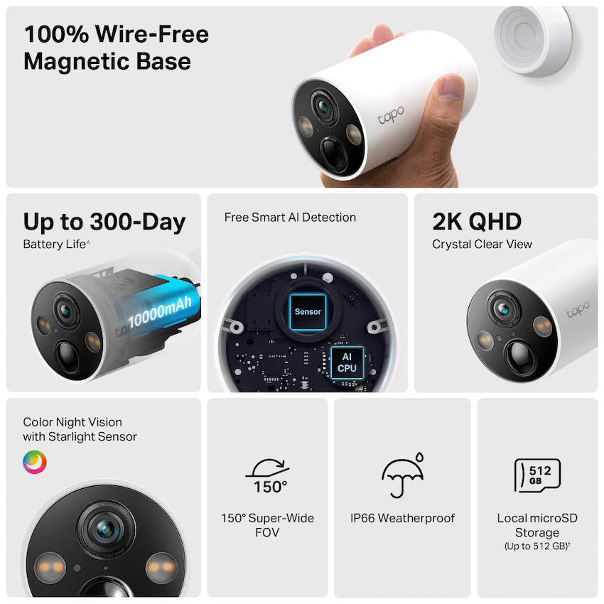 Tapo TP-Link Tapo C425 4MP 2K QHD Battery Wire-Free Outdoor Security Camera