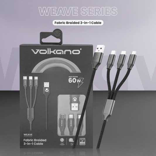 Volkano Weave Series Fabric Braided 3-in-1 (Type-C/Lightning/Micro) Cable 1m - Black
