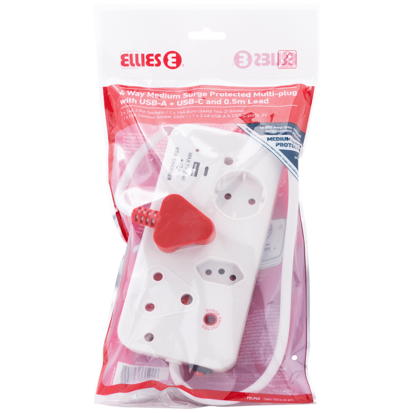 Ellies 4-Way Medium Surge Multiplug with USB-A+USB-C 0.5m