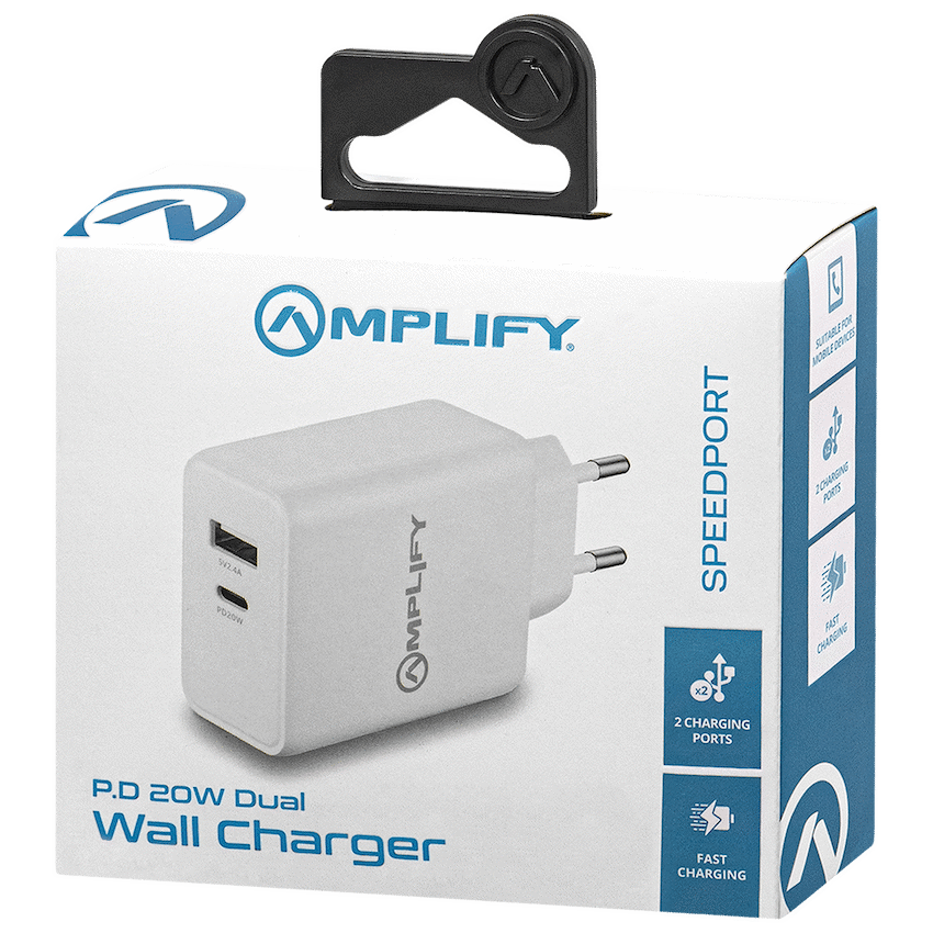 Amplify P.D. 20w Plus USB 12w Dual Wall Charger - White - Guards On Duty Shop & Security Guards