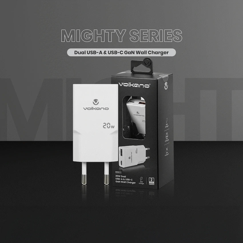 Volkano Mighty Series 20w Dual USB-A & USB-C GaN Wall Charger