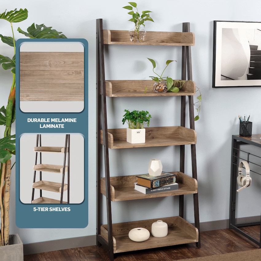 Everfurn Aegla 5-Tier Bookshelf - High Pressure Laminate with Powder-Coated Frame