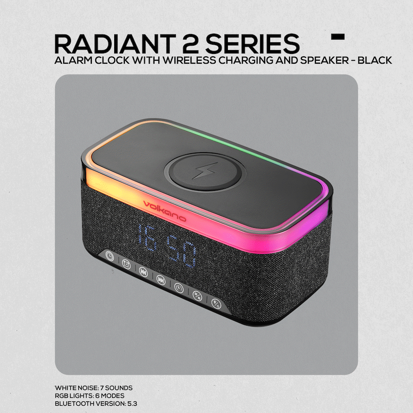 Volkano Radiant 2 Alarm Clock with Wireless Charging and Speaker - Black