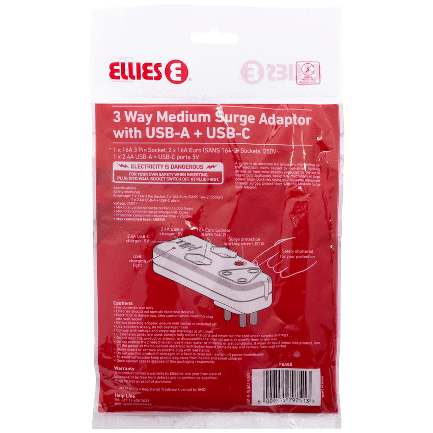 Ellies 3 Way Medium Surge Adaptor with Type C + USB - White