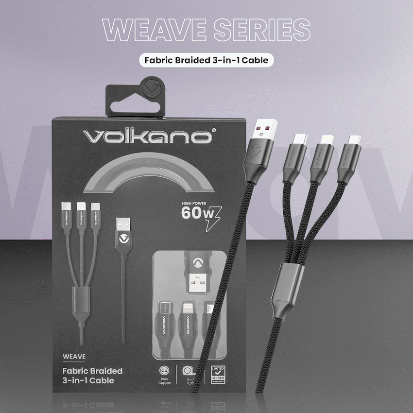 Volkano Weave Series Fabric Braided 3-in-1 (Type-C/Lightning/Micro) Cable 1m - Black