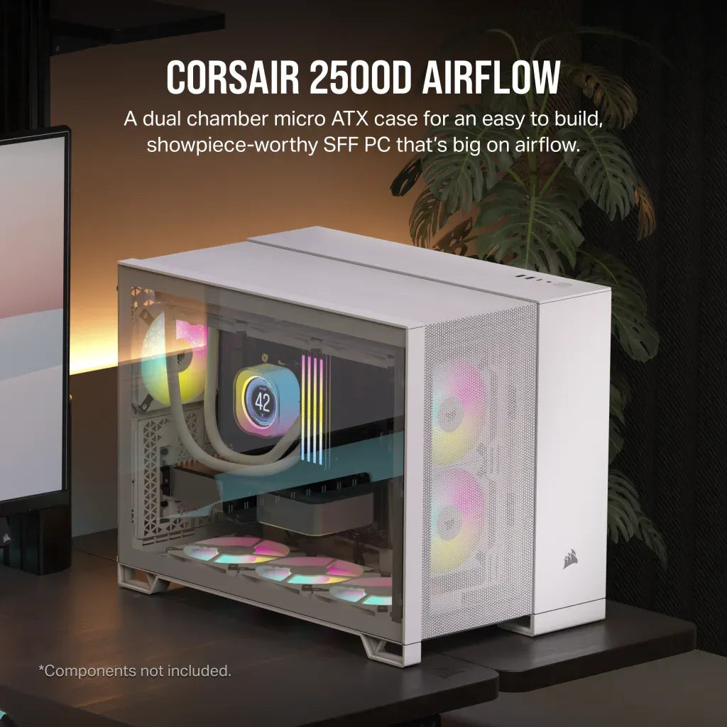 2500D Airflow White Mid-Tower Dual Chamber PC Case; 2x 3.5'' |  2x 2.5'' Drive Bays; Up to 360mm Radiator compatible