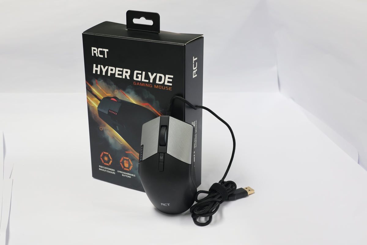 RCT HyperGlyde Gaming Mouse; 16000DPI switchable; 8 Programmable buttons; Interchangeable weights; Omron Mechanical Switches.