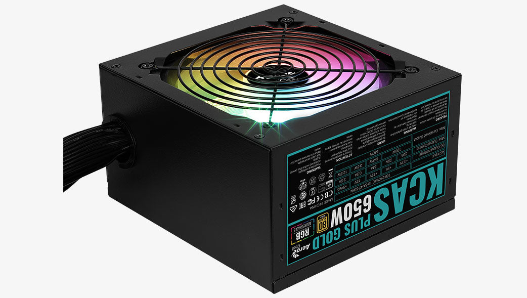 Aerocool KCAS PLUS Gold 650W RGB PSU - ATX 24 PIN; 2x 4+4PIN CPU; 6x SATA; 3x PATA; 2x PCIe 6+2PIN.