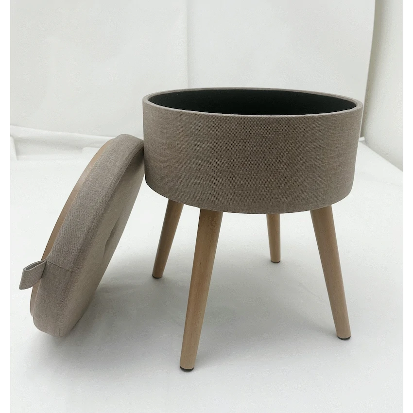 Sophie Round Storage Stool with Wooden Legs - Brown