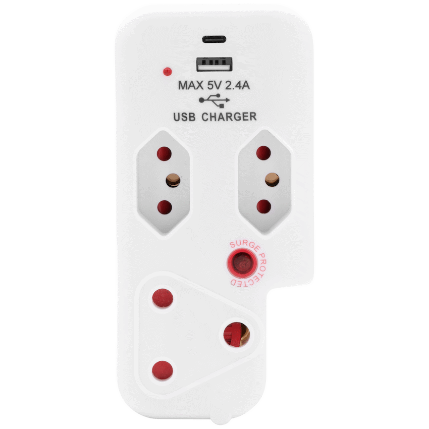 Ellies 3 Way Medium Surge Adaptor with Type C + USB - White