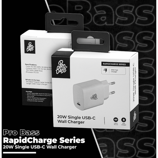 Pro Bass RapidCharge Series 20w Single Type-C Wall Charger - White