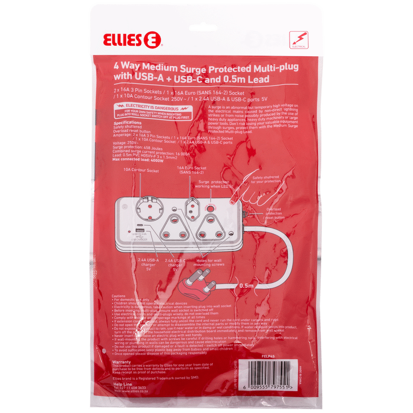 Ellies 4-Way Medium Surge Multiplug with USB-A+USB-C 0.5m