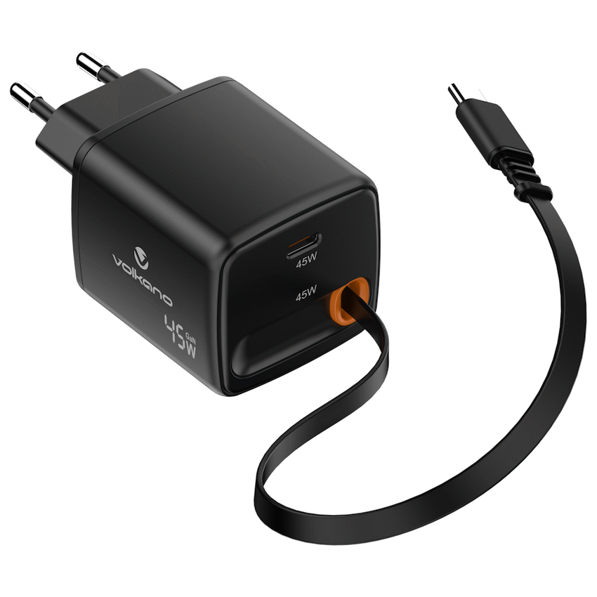 Volkano Sleek Series Fast Wall Charger 45W USB-C with Built-in Retractable 75cm Cable - Black