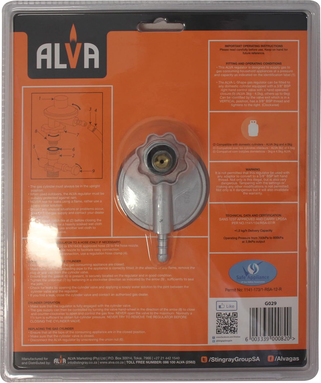 Alva L-Shape Gas Regulator & 1.2m Hose Kit - Alva L-Shape Gas Regulator