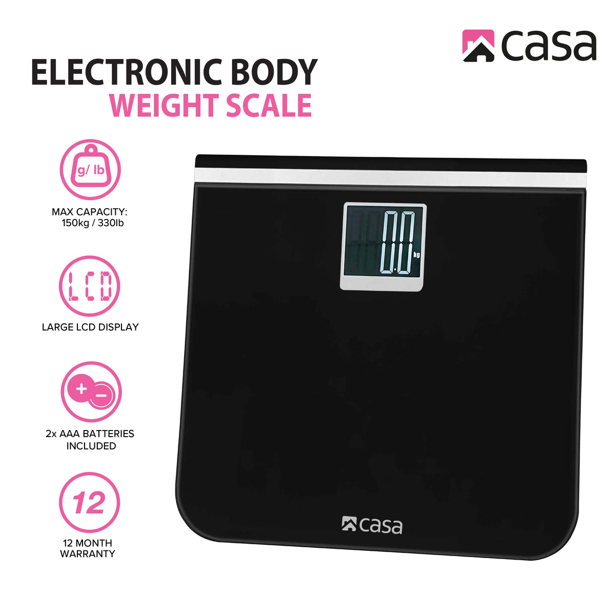 CASA Digital Bathroom Scale - Glass Platform - Black - Large LCD Display