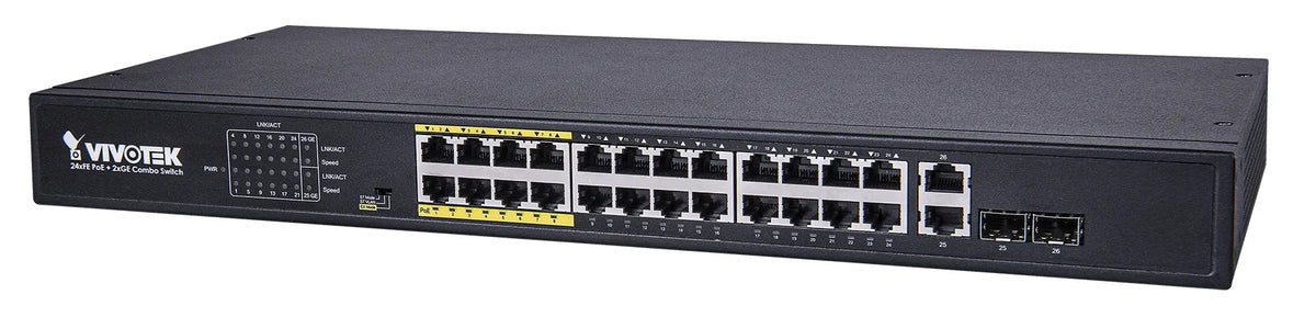 VIVOTEK Unmanaged 24x 10/100 PoE + 2x Gigabit/ SFP POE extender up to 200M; Rackmountable; 380W