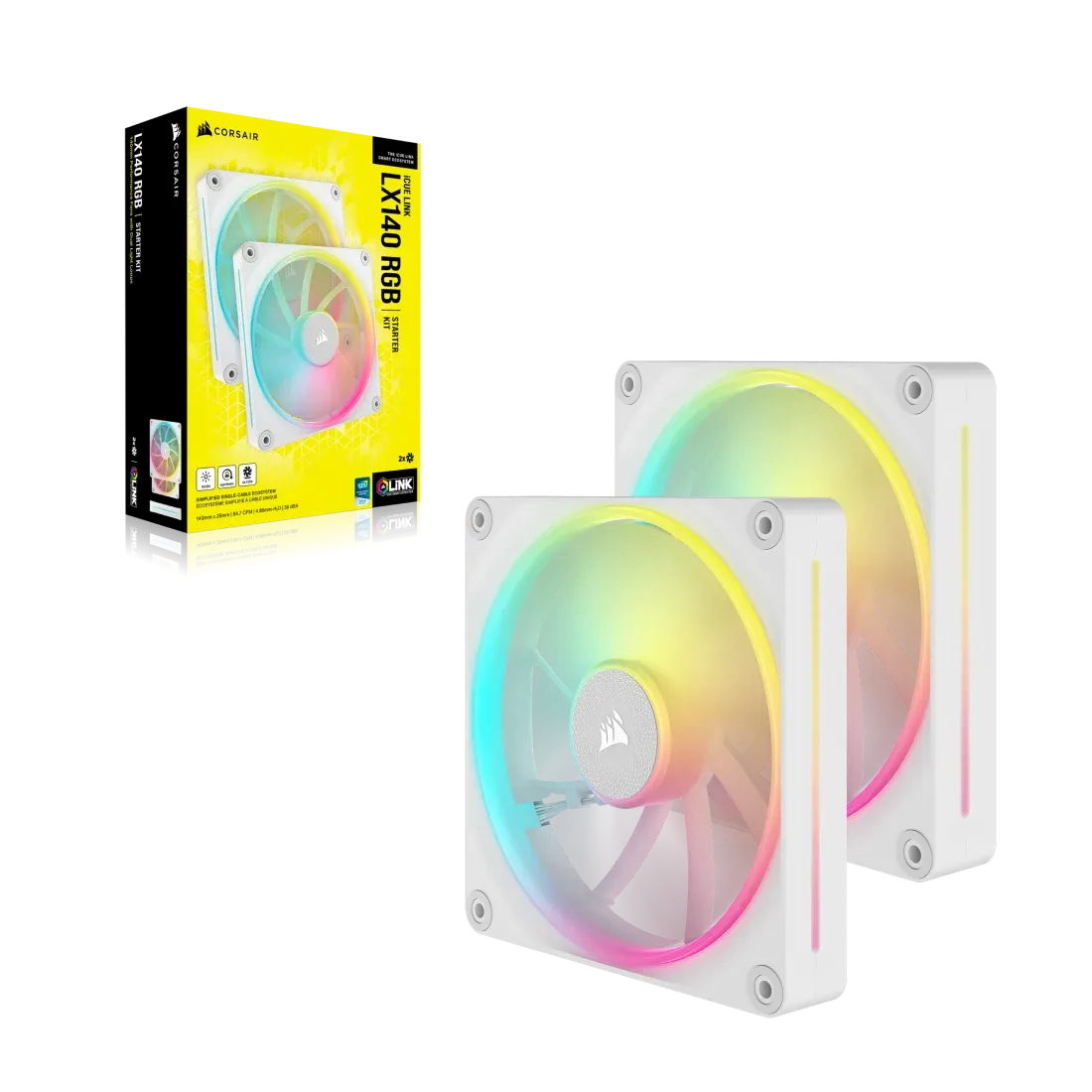 Corsair LX RGB Series; iCUE LINK LX140 RGB White; 140mm Fan; Dual Pack; iCUE LINK System Hub Included
