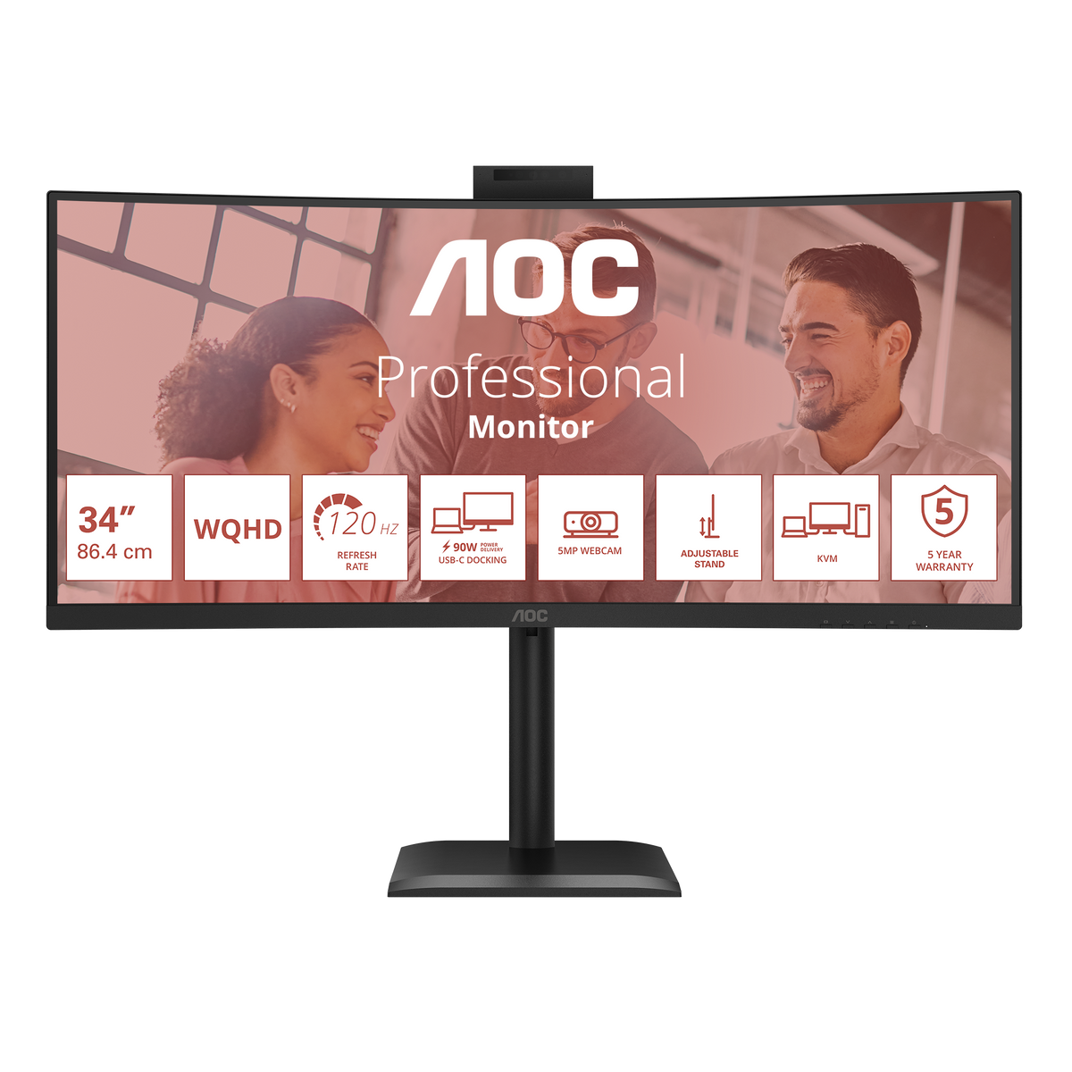 AOC CU34E4CW Curved Monitor:34''W WQHD|VA;KVM|120Hz|HDR10; SPK;HAS|1H1DP2USB-C(90W)|OTA/OTG; WebCam|3YR Warranty.