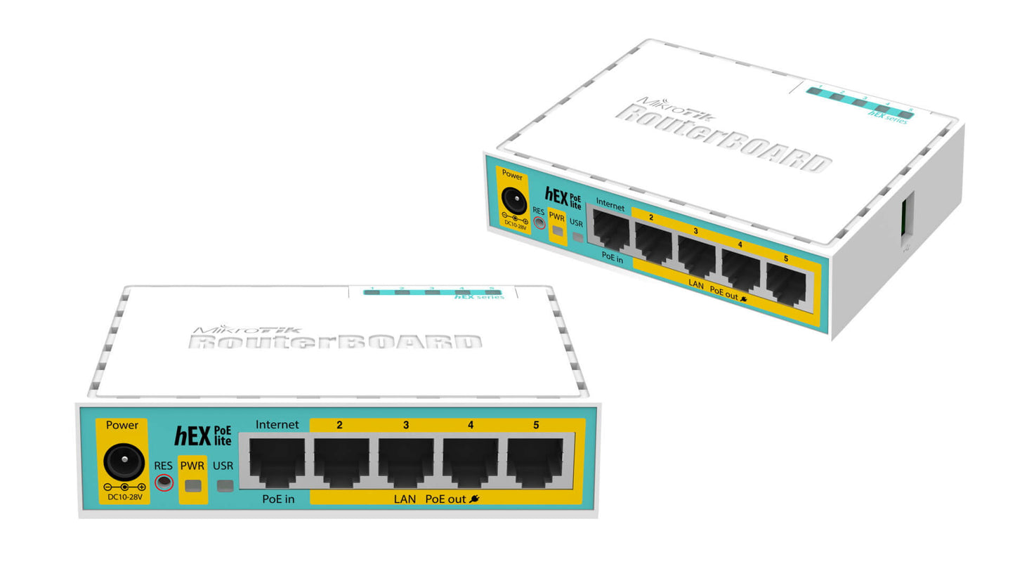 MikroTik hEX PoE Lite - Desktop PoE Router with 5 10/100 LAN ports and 1 USB port