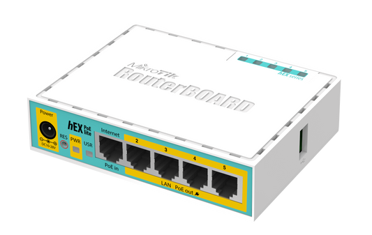 MikroTik hEX PoE Lite - Desktop PoE Router with 5 10/100 LAN ports and 1 USB port